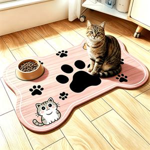 고양이와 강아지 더블 만화 프린트 애완 동물 먹이 매트 - 뼈 모양, 우드 그레인 미끄럼 방지 및 방습, 세척 용이, 고양이 및 강아지에게 적합, 세탁 가능한 음식 및 물 그릇 매트, 엉망진창한 먹이 먹기 해결, 애완 동물 주인 선물