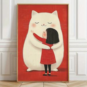 2D 평면 모던 소녀를 껴안는 흰색 고양이 프레임리스 캔버스 - 거실, 침실, 장식용 - 집 꾸미기용 사랑스러운 소녀와 고양이 선물 아이디어, 세입자용 설치/라이프스타일