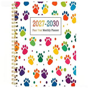 A5 사이즈 2027-2030 월간 플래너 1개 - 2027년 1월 ~ 2030년 12월, 4년 월간 플래너, 발자국 테마 커버 디자인, 연간 캘린더 플래너, 월별 탭, 48개월 캘린더, 탄성 클로저