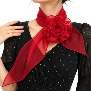 핸드메이드 3D 대형 장미가 장식된 멀티컬러 오간자 투피스 스카프 세트, 여성용 롱 스카프, 공식 행사, 파티, 발렌타인데이 선물로 완벽하며 셔츠 및 드레스 칼라에 잘 어울리는 다용도 우아한 넥웨어