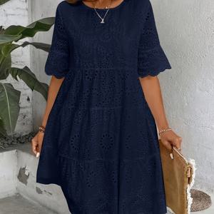 여성 솔리드 컬러 로즈 아이렐 라운드넥 러플 헴 드레스, 봄 여름 캐주얼 비치웨어 드레스