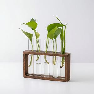 데스크탑 나무 랙 (유리 시험관 화분 포함), 3개 또는 5개 세트로 구매 가능, 청소 브러쉬 포함. 수경 재배 식물 재배에 적합, 고품질 붕규산 유리 재질, 정원, 거실, 주방 및 데스크탑 장식에 적합