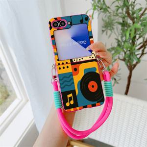 빈티지 레코드 프린트 캔디 컬러 랜야드 접이식 휴대폰 케이스, 삼성 /Z FLIP4/Z FLIP5//Z /MOTO 40/ 2023/ 40 ULTRA/+ 2023/ 50/ 50 ULTRA/ 60/OPPO FLIP/N3 FLIP 호환