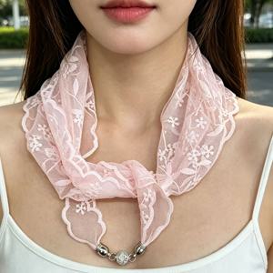레이스 자수 삼각 스카프, 버튼 스카프 프렌치 레트로 플로럴 스몰 스카프, 얇은 헤어밴드 포니테일 넥 스카프, 느낌 넥 스카프, 풀 헤드 자수 삼각 스카프