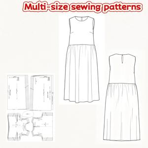 1:1 스케일 프린트용 DIY 드레스 Template, 재봉용 - 여성용 셀프타이 허리 랩 보트넥 드레스, 사이드 포켓 포함, 민소매 루즈핏 드레스 종이 패턴, 공예가용, 초보자 및 전문가를 위한 풀사이즈 의류 제작