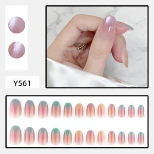 파티, 데이트, 데일리용 숏 아몬드 프레스온 네일 24개 - 내추럴 블러쉬 그라데이션이 있는 클리어 누드 파우더 그레이 캣아이 네일 스티커, 워터 텍스처 인조 손톱, 발톱용 탈부착식 인조 손톱