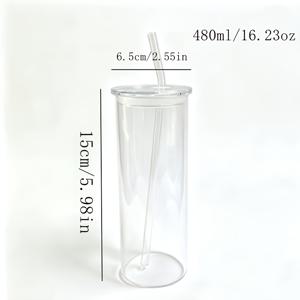 뚜껑과 빨대가 있는 높은 붕규산 아이스 커피 유리 텀블러, 레몬에이드, 스무디, 차, 물용 투명 재사용 가능한 유리컵, 가정 사무실 음료 유리 세트