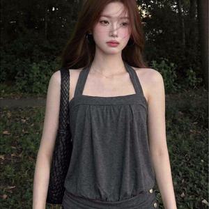 2026 신상 홀터넥 버블 밑단 크롭 탑, 여성용 민소매 캐미 여름 패션, 캐주얼 데일리웨어 2가지 색상 딥 그레이 블루