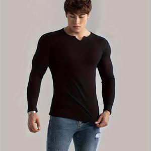 남성용 캐주얼 스포츠 티셔츠, V넥 긴팔 베이스 레이어, 슬림핏 스트레치 긴팔 티셔츠