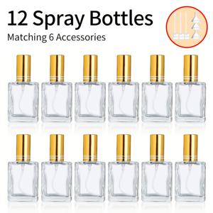 12개 세트 + 6가지 액세서리: 투명 향수 스프레이 병 리필 키트 - 15ml 유리 미스트 스프레이 병 (12개), 깔때기 3개, 리필 도구 3개 포함. 청소, 에센셜 오일, 액체 향수 스프레이용 재사용 가능