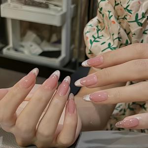 핸드크래프트 그라데이션 캣아이 네일 스티커 10개 세트, 골든 포일 라인 액센트 포함, 심플하고 우아한 스타일의 고급스러운 느낌, 데일리웨어 및 파티용, 미디엄 길이 아몬드 네일