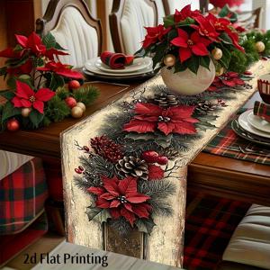 1개 빈티지 크리스마스 테이블 러너, 레드 포인세티아, 솔방울과 베리 디자인, 직사각형 테이블 장식, 크리스마스, 새해, 겨울 파티 장식에 적합