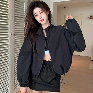 스프링 신상 캐주얼 스탠드 칼라 재킷 탑 여성 패션 아메리칸 야구 유니폼 드로스트링 코트