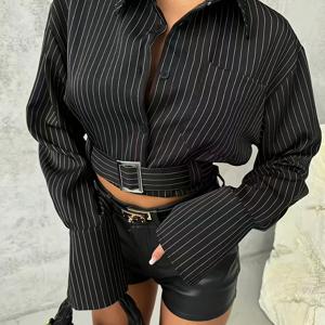 세련된 여성용 블랙 숏 블라우스, 셔츠 칼라 드롭 숄더 슬리브, 벨트 디테일 포켓 및 버튼 프론트 디테일