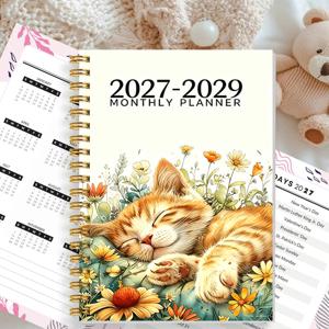 플래너 노트 2027-2029 3년 일정관리, 1권, 꽃과 식물이 있는 잠자는 고양이 패턴, 2027-2029 3년 달력, 3년 플래너, 대학 수업용, 학습 계획용, 학습 추적용, 월간 요약용, 진행 상황 추적용, 학생의 학습 계획/시험 일정용으로 적합, 저널/계획을 좋아하는 사람들을 위한, A5 사이즈