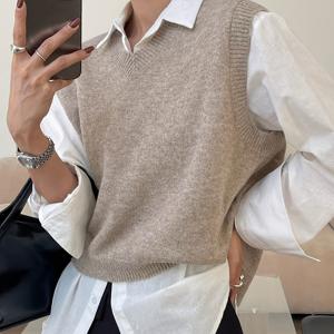 봄/여름 우아한 여성용 단색 브이넥 레이어링 스웨터 조끼