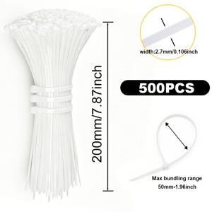 백색 나일론 케이블 타이 500개, 20cm 자동 잠금 지퍼 타이, 정원 전용 플라스틱 와이어 타이, 내구성 있는 내후성 고정 스트랩, 케이블 관리용, 가정 사무실 정원 작업장 실내외 전선 정리용 일상 용품 지퍼 타이로 이상적