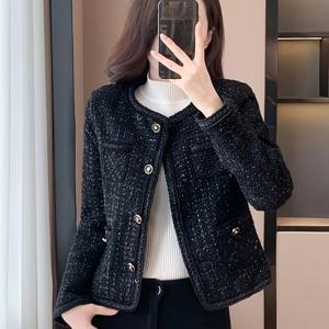 여성용 한프랑스 스타일 블랙 트위드 자켓 - 앞여밈 크롭 , 라운드넥 칼라 & 싱글브레스티드 도어프레임, 가을/겨울 신상품 아우터웨어