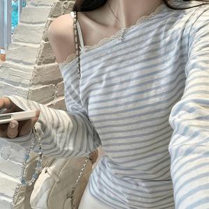 여성용 레ース 트림 오프숄더 コン버터블 티셔츠 - 블루 & 화이트 세미 시ース러운 커버업 탑, 비치웨어, 봄 여름 캐주얼 의상에 적합한 루즈핏, 기계 세탁 가능한 라운드넥 셔츠