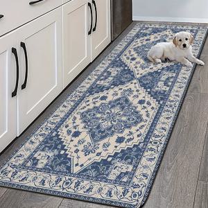 1개, 2D 플랫 레트로 페르시안 스타일 블루 기하학적 프린트 피로 방지 주방 매트, 미끄럼 방지 흡수성 러너, 간편한 세척 세탁기 사용 가능, 실내외 복도, 주방, 침실 휴일 장식에 적합