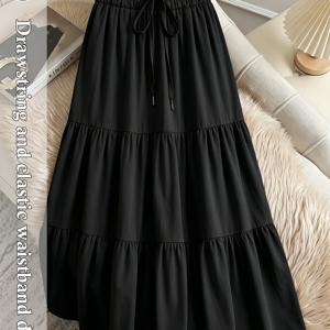 여성 캐주얼 허리 높이 주름 롱 스커트 - 러플 헴, 단색, 봄/여름/가을에 완벽, 캐주얼 복장, 캐주얼 복장|러플 헴 스커트|허리 주름 스커트