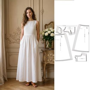 헵번 스타일 화이트 민소매 원피ース 사계절용 재봉 패턴, XS-4XL 8가지 사이즈 선택 가능. 도도 설명서, 1:1 프린팅 패턴 시트, DIY 재봉 패턴, 완벽한 재봉 टेン플릿 포함. 재봉 및 패션 디자인용, 공예 애호가를 위한 선물. 우아한 하이웨이스트 슬림핏 A라인 스커트가 있는 롱드레스, 새로운 여름 스타일