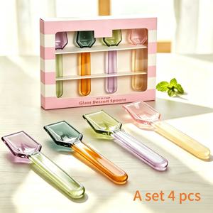파스텔 투톤 유리 디저트 스푼 4개 세트, 고붕규산유리 미니 스푼 세트, 요거트 푸딩 여름 피크닉용, 재사용 가능한 귀여운 식기, 집들이 선물