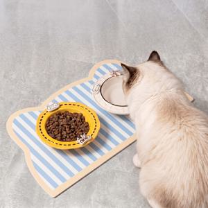 귀여운 고양이 귀 모양 반려동물 급식 매트, 고양이 강아지용 줄무늬 얼룩 방지 사료 물그릇 받침, 세척이 쉬운 반려동물 식사 매트