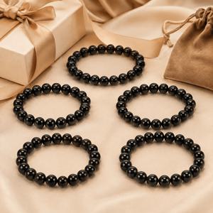 5개 8mm 수제 천연석 정품 오비디언 팔찌 - 탄성 스트레치 비즈, 남녀 공용 스톤, 사계절 착용, 새해 또는 크리스마스 완벽한 선물