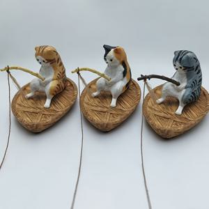 3개 귀여운 고양이 보트 및 낚시 피규어 세트, 레진 수족관 장식, 바다 테마 조경 장식품, 사실적인 디테일 어항 추가