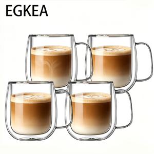 EGKEA, 280ml, 4개 세트, 이중 레이어 유리 커피 컵, 확장형 투명 손잡이, 타원형 둥근 바디, 고 붕규산 유리 바디, 속이 빈 단열 벽, 넓은 입, 두꺼운 평평한 바닥. 라떼, 아메리카노, 뜨거운 우유, 신선한 주스를 담을 수 있습니다.