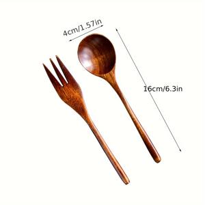 일본산 목재 커틀러리 세트 2개 - 핸드메이드 천연 경목 스푼과 포크, 식사 및 디저트용 재사용 가능 식기류 - 고품질 테이블웨어