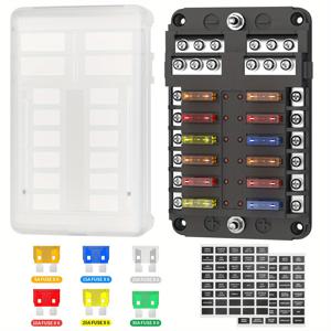 12구 퓨즈 블록, LED 표시등이 있는 12V 선박용 퓨즈 박스, RV 보트 차량용 자동차 12회로 블레이드 퓨즈 블록 커버 포함, 24개 퓨즈 및 팁 스티커 제공