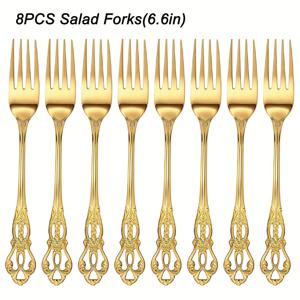 8pcs 레트로 코트 디자인 저녁 포크/디저트 포크 세트, 고품질 스테인레스 스틸 럭셔리 골든 포크, 8.58인치 저녁 포크/6.6인치 샐러드 포크, 가정/주방/레스토랑/어머니의 날에 적합, 거울 폴리싱, 식기 세척기 안전