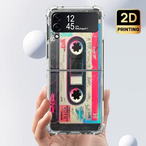 휴대폰 케이스: 삼성 갤럭시 Z 플립 6 5G, 5, 4, 3, ZFlip6, Flip5, Flip4, Flip3용 2D 프린팅 소프트 클리어 레트로 음악 카세트 커버