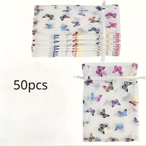 50개 세트 우아한 파스텔 나비 패턴 메쉬 끈백 - 투명 메쉬 & 이중 잠금 기능, 보관용 보석/캔디 선물 포장 - 결혼식, 생일파티, 샤워 파티, 소규모 상점에 이상적 (다양한 색상)