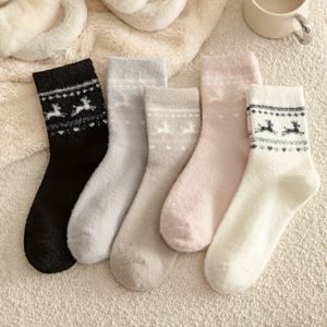 여성용 오스트레일리아 사슴 양말 5켤레, 미드 카프 길이, 가을/겨울용 두꺼운 보온 양말, 집에서 사용 및 산후 관리에 적합