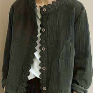 여성용 코듀로이 셔츠 자켓 탑, 레이스 단추, 루즈 캐주얼 빈티지