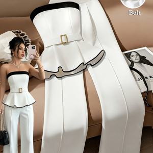 여성용 스트랩리스 와이드 레그 팬츠 투피스 세트, 허리 주름, 블랙 앤 화이트 대비 트림 러플 탑, 하이웨이스트 드레이프 와이드 레그 팬츠, D링 벨트 장식, 라이트 럭셔리 엘레강스 커뮤터 소셜라이트 세트 - 올 시즌