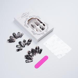 24개 고딕 블랙 실버 프레스 온 네일, 미드나이트 베일 다크 쿨 아몬드 인조 네일, 3D 플라워 체인 메탈릭 디자인 재사용 가능한 젤리 글루 포함 인조 손톱