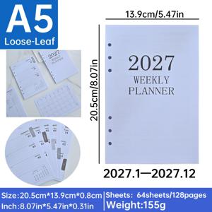 1 세트 2027 A5 주간 플래너 리필 페이지, 64매 128페이지, 캘린더 월간 주간 계획 삽입