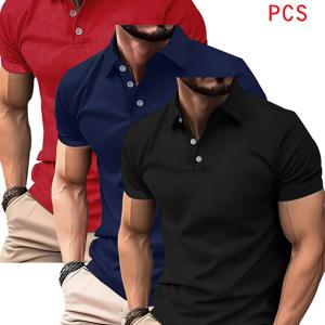 POLO 셔츠 솔리드 컬러 라펠 3pcs 혼합 세트, 통기성 속건 골프 캐주얼 셔츠, 경량 스트레치 폴리에스터 버튼 디자인, 여름 사무실, 요트 웨어, 데일리 의상에 적합, 앵커 프린트, 편안한 핏 반팔 상의, 액티브 라이프스타일
