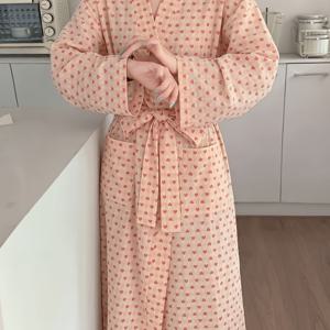 스위트 하트 프린트 파자마 루즈핏 플러스 사이즈 로브 여성용 봄 가을 하트 체크 V넥 타이업 캐주얼 미디 길이 홈웨어 편안하고 통기성 좋은 잠옷 패셔너블 파티 슬립 드레스 웨어러블
