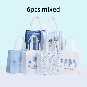 파란 바다 조개껍데기 프린트 부직포 선물 가방, 블루 테마 해안 해변 리본 패턴 부직포 여름 해변 파티 답례품 가방, 파티 생일 해변 여행 선물 가방 (손잡이 포함)
