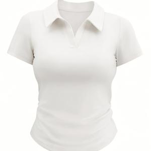 POLO 셔츠 핫 직각형 반팔 티셔츠 여성용 숏 탑 슬림핏 디자인 센스 허리 주름