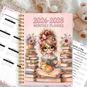 개인 정리 2026-2028 삼년 달력 플래너 - 연도 미표기 버전, 여성을 위한 독서 테마 표지, 월별 탭 다이어리, 휴대용 연간 계획 수첩, 사무실, 선물 및 일상 사용에 적합, 2026년 1월부터 2028년 12월까지