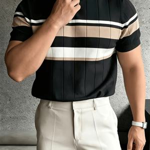 남성용 반팔 티셔츠, 편안한 착용감, 여름 통기성 좋은 남성용 컬러 블록 반팔 니트 풀오버, 레귤러 라운드넥 탑, 비즈니스 캐주얼 여름 신제품 (작업, 골프, 스포츠, 아버지의 날, 부활절, 크리스마스)
