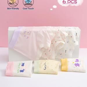 [랜덤 6개입] 랜덤 6개입 여아용 드로즈, 귀여운 토끼 아기 고양이 만화 프린트, 핑크 퍼플 부드러운 색상, 러플 엣지 대비 웨이스트밴드, 시원하고 통기성 좋은 피부 친화적, 밀착 스티칭 부드러운 롤링 방지