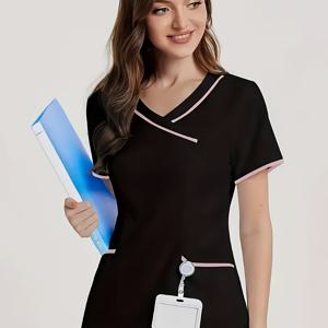 여름 컬러 블록 대비 트림 브이넥 반팔 캐주얼 티셔츠, 여러 개의 포켓 포함, 미용실 및 펫샵용 여성용 작업복 상의, 액세서리 미포함