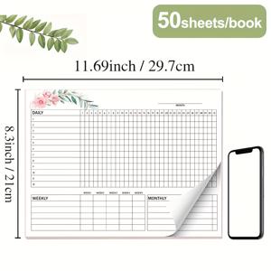 플로럴 디자인 플래너 50장, 세부 일일, 주간, 월간 계획 섹션 포함. 사무실, 학교, 교사, 학생 및 성인 자기관리에 이상적. 학생을 위한 완벽한 선물. 파티션 계획 디자인, A4 사이즈, 두꺼운 종이